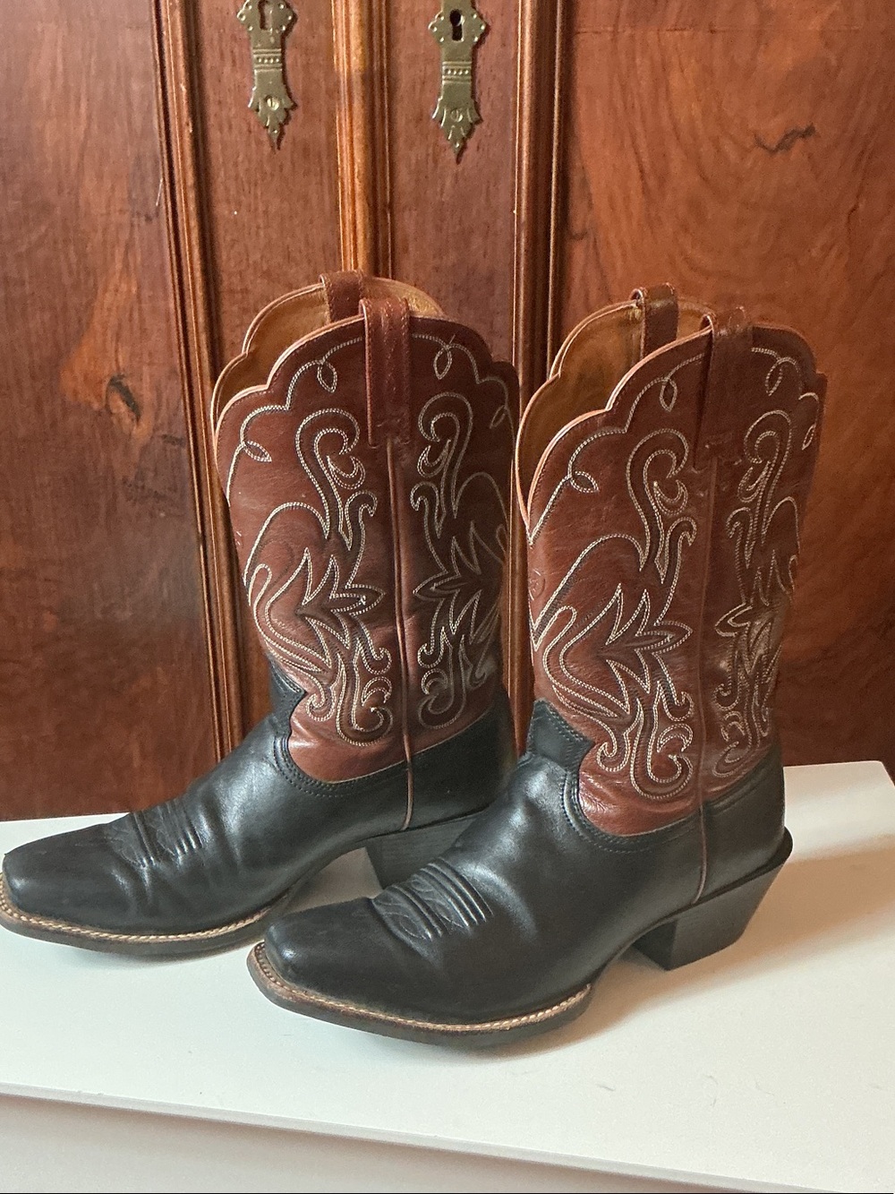 Ariat Black Leather with Brown Embroidered Shaft Women's Heeled Western Boots